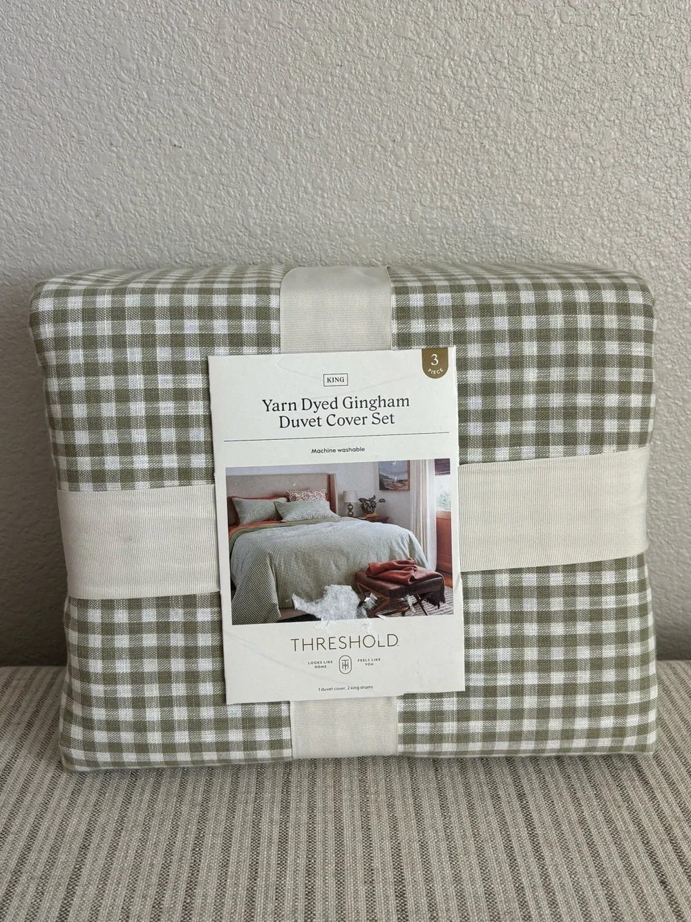 NWT King Mini Gingham Duvet and Sham Set Moss Green - Threshold